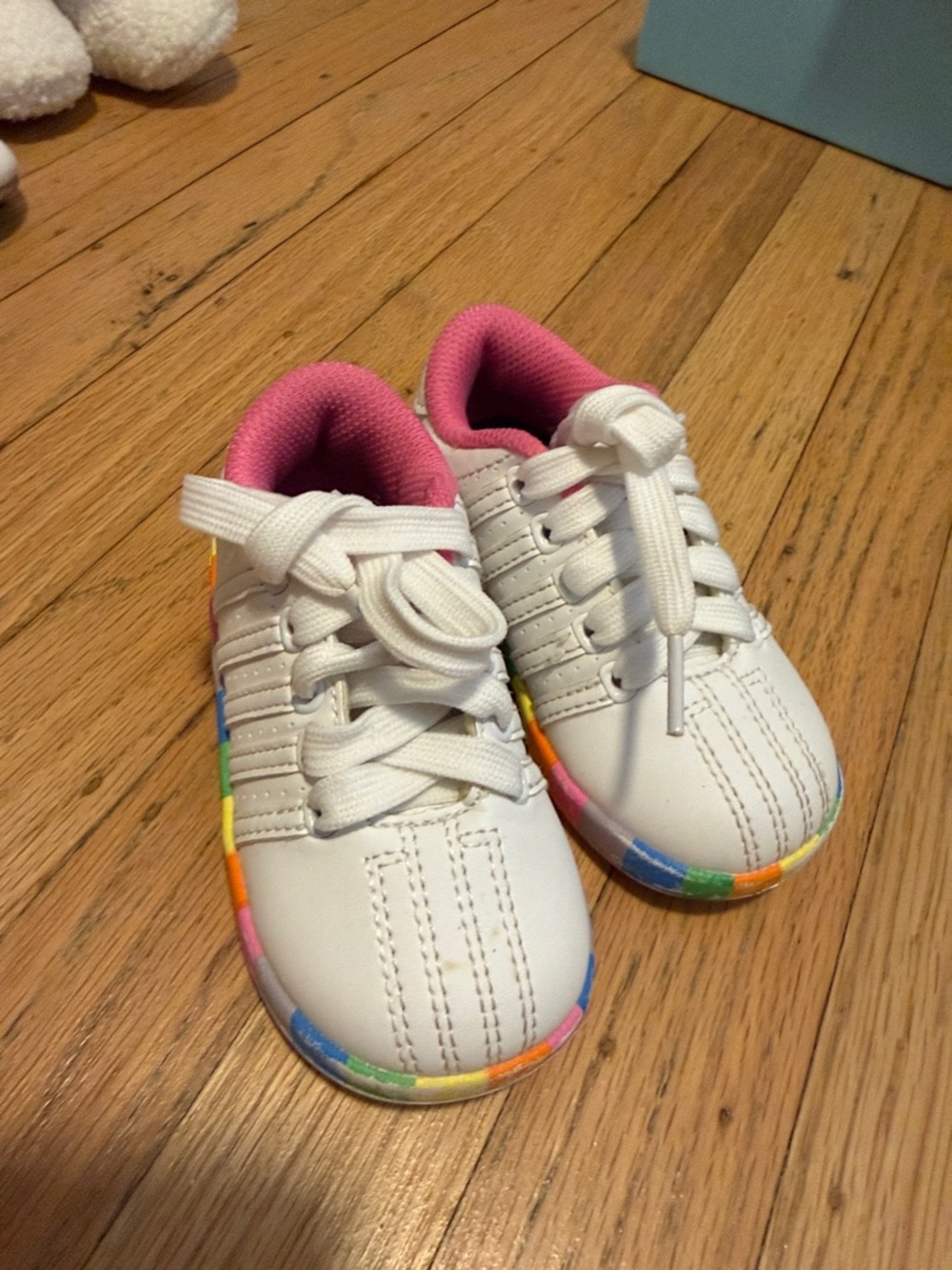 Skechers White Sneakers with Pink Lining and Rainbow Sole Trim